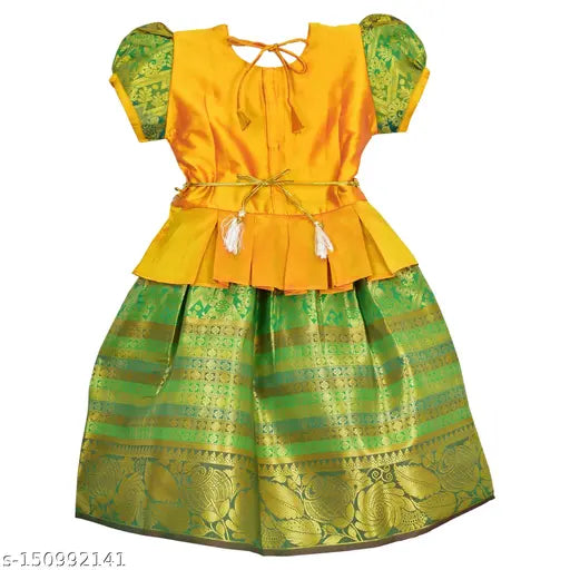 Homely Girls Traditional PATTU LANGA PATTU PAVADAI Lehenga Choli - Cotton silk South Indian dress for girls, zari-woven polka pattern on display