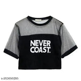 Black cotton crop top, round neck, short sleeves, Never Coast print with net fabric detail - women's fashion