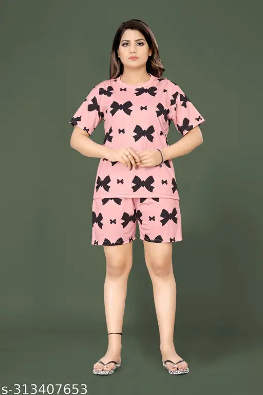 Premium quality women's night suit top & shorts set, printed net polycotton pcs2 set, Indian-made