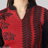 Mandarin red A-line wool kurti, printed floral design for women's winter wear. Single piece from BLUSHH COLLECTION made in India