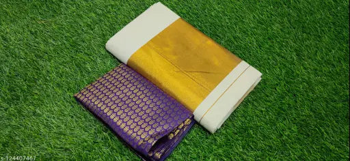Keralan Kasavu plain silk saree with embellished blouse, traditional Indian attire on mannequin
