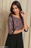 Women's black poly crepe kurta, three-quarter sleeves, printed combo - XS (bust size 34in, length 49in), Indian origin
