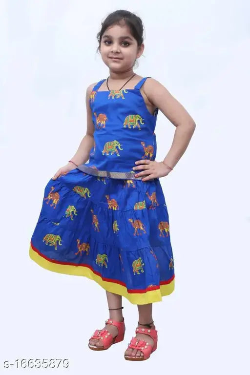 Cotton Lehanga & Choli set in animal block print for baby girls (0-7 years), quirky Indian attire