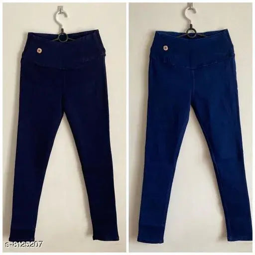 Denim high-waist skinny fit stretchable jeggings, solid navyblue-royalblue, women's pack of 2 on model