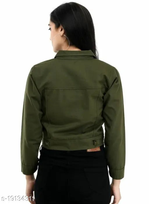 Dark green denim Mehandi jacket for women, solid pattern, long sleeves, sizes S-XL, Made in India
