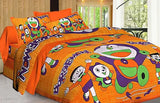 Doraemon cartoon printed orange cotton double bedsheet with matching pillows, vibrant design for kids' room on queen-sized bed