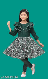 Printed crepe kids girls frock with leggings set, three-quarter sleeves, knee length - Indian party wear for girls aged 4-11 years