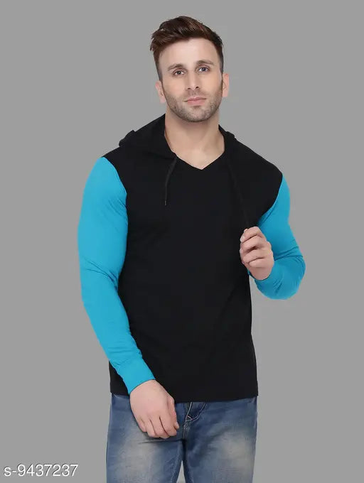 Black cotton blend hoodie t-shirt for men, solid pattern, long sleeves. Size S (38" chest, 26" length), M (40" chest, 27" length), L (42" chest, 28" length), XL (44" chest, 29" length). High-quality cotton for comfort and style. Made in India