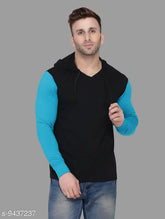 Black cotton blend hoodie t-shirt for men, solid pattern, long sleeves. Size S (38" chest, 26" length), M (40" chest, 27" length), L (42" chest, 28" length), XL (44" chest, 29" length). High-quality cotton for comfort and style. Made in India