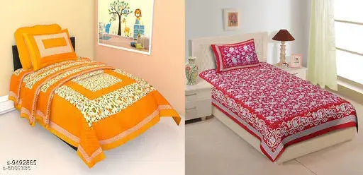 Orange cotton single bedsheets combo, classic attractive 140 thread count, 2 pillow covers, India origin
