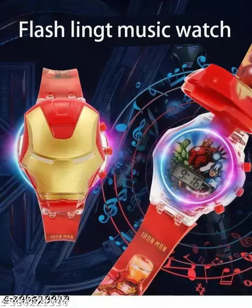 Red and gold Iron Man digital watch with disco lights and music for kids, unisex silicone strap