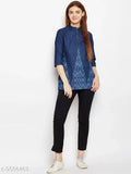 Navy blue laser printed denim tunic, stylish women's three-quarter sleeve denim tunic on hanger