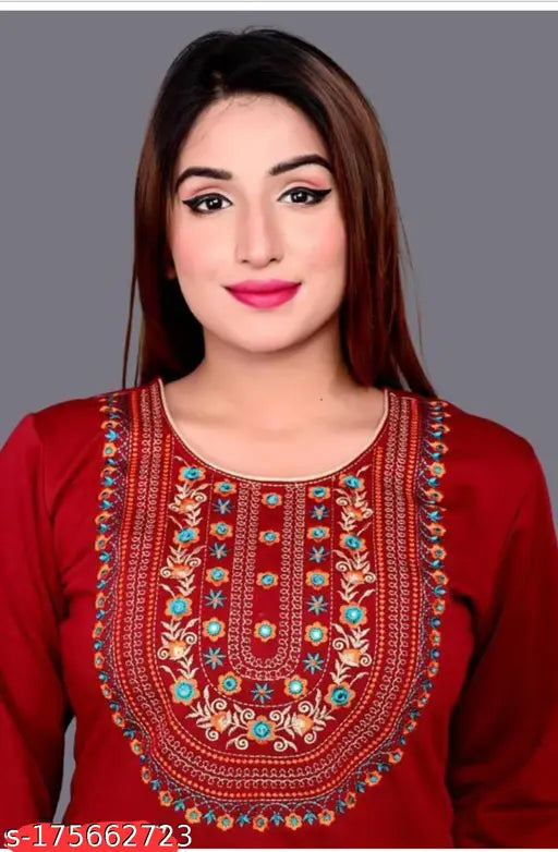 Women's straight, embroidered woolen kurti in three-quarter sleeves, M (40in bust, 42in size) & L (42in bust, 42in size). Indian handcrafted woolen dress for daily or party wear