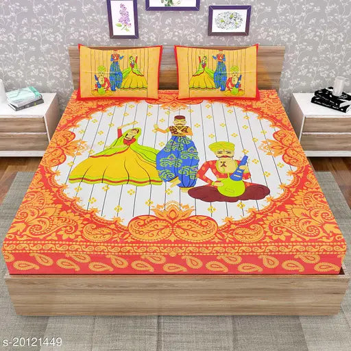 69Orange89 UniqChoice 120TC cotton double bedsheet & pillow covers, Jaipuri-style flat sheets on bed