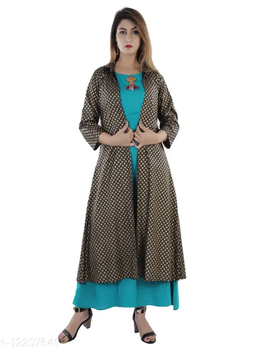 Blue rayon printed shrug kurti, three-quarter sleeves, Indian print fashion