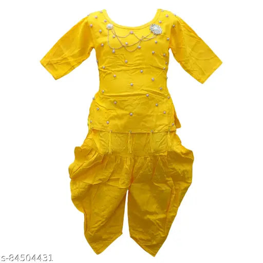 Party wear rayon kurti and dhoti set for girls, A-line top with three-quarter sleeves, embellished pattern on kids' party attire