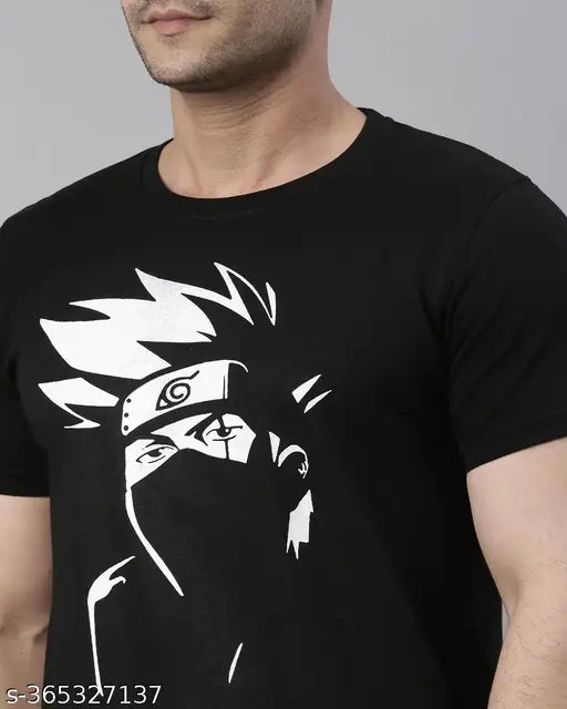 Anime printed polyester T-shirt with striped pattern, durable stitching, M size (chest 19 in), made in India