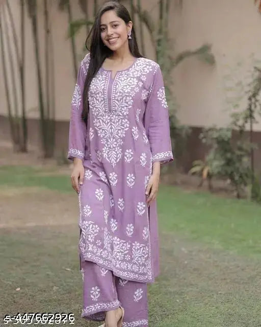 Rayon Chikankari Floral Design Kurti Palazzo set, embroidered ethnic wear for women's fashion, Lucknowi Chikan prints on display