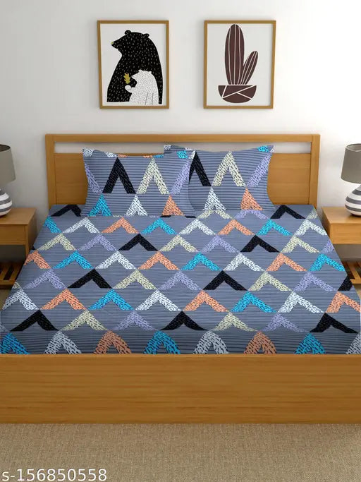 Superfine geometric cotton fitted double bedsheet, 220 thread count, includes 2 pillow covers (90x100 inches), ideal for summer, adult bedroom refresh