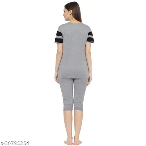 Grey colorblocked cotton blend women's capri nightsuit, 100% combed cotton for richness and comfort