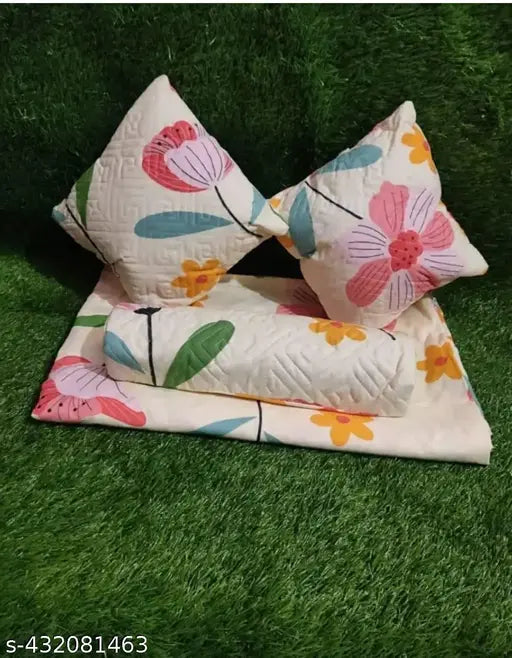 Multicolor heavy glace cotton 5-piece bedding set: flat sheet, quilted cushion, pillow covers & fillers - ideal for adult's AC room in double queen size