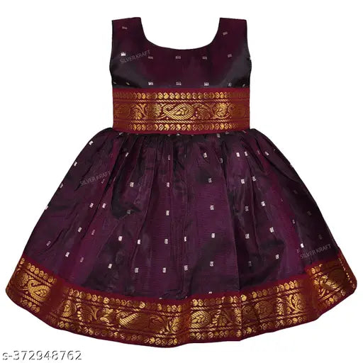 Maroon satin embroidered party frock for girls (3-6M, 6-9M, 9-12M, 1-2Y, 2-3Y, 3-4Y, 4-5Y, 5-6Y), intricate design and matching belt