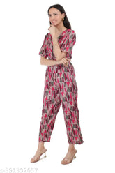 Rayon geometric print women's jumpsuit with V-neck and short sleeves, suitable for various events and a loose fit