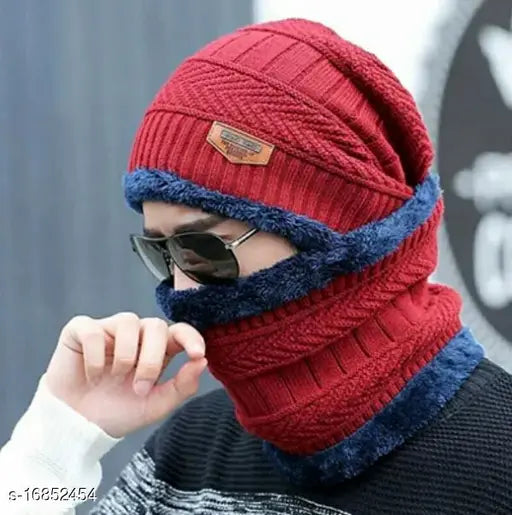 Red wool balaclava cap & muffler combo - Arnah Treasure, high-quality winter wear for men, made in India
