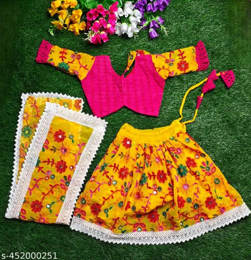 Chiffon Rani Hakoba lehenga with long sleeves and floral print, traditional Indian baby clothing for 3-24 months