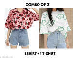 Floral printed short sleeve shirt combo with tshirt for women, India origin, size chart included