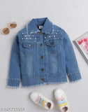 Denim kids' jacket in light moti pattern, solid net with long sleeves, available for ages 4-5, 5-6, and so on up to 11-12 years. Made in India