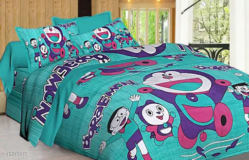 Jaipuri cotton Doraemon cartoon print queen combo pack bedsheets with 4 pillow covers, vibrant and fun bedding for children's rooms