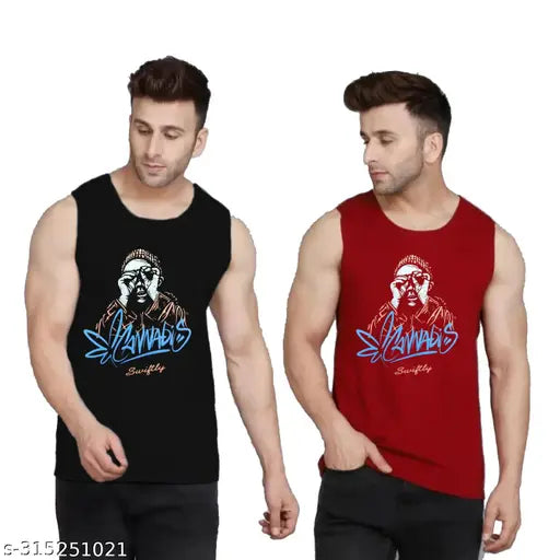 Mens pure cotton cannabis print SandoGym t-shirt in black and maroon, sleeveless, printed design on chest