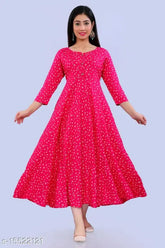 Demirner pink rayon anarkali, three-quarter sleeves, printed combo. Indian women's fashion on mannequin