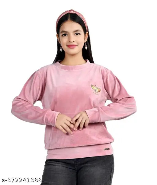 Long-sleeve wool sweatshirt for girls casual wear, solid pattern, 8-12 years, made in India