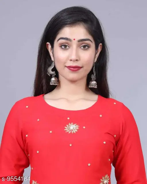 Rayon A-line self-design long kurti with palazzos, vibrant Indian traditional attire in rayon fabric with three-quarter sleeves