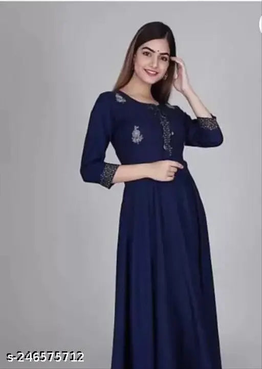 Blue rayon three-quarter sleeve printed kurti for parties, Indian party wear on hanger