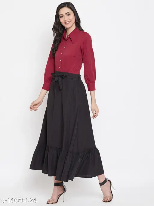 Polyester polka dot flared skirt with striped pattern, available in various sizes from 26-36 inches. Made in India