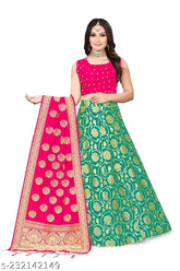 Soft silk traditional wear Lehenga Choli set with dupatta, featuring Banarasi Jacquard Silk and fantom silk, in sizes ranging from 8-15 years or free size, pair with matching jewelry for a stunning look