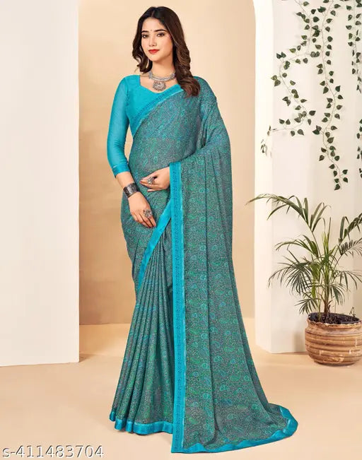 Georgette Turquoise Grey Blue Saree with Georgette Blouse piece, single piece in free size, India origin, may have slight color variation compared to actual product