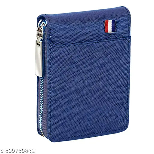 Blue PU leather men's wallet with 9 slots for cards and money, featuring zipper coin purse