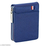Blue PU leather men's wallet with 9 slots for cards and money, featuring zipper coin purse