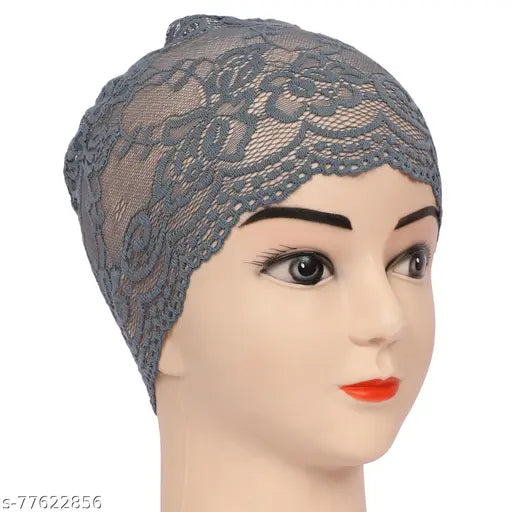 Grey Pink Monati Under Hijab Net Design Headscarf Cap Pack of 2, stretchable cotton head wrap for comfortable, trendy hijab wear