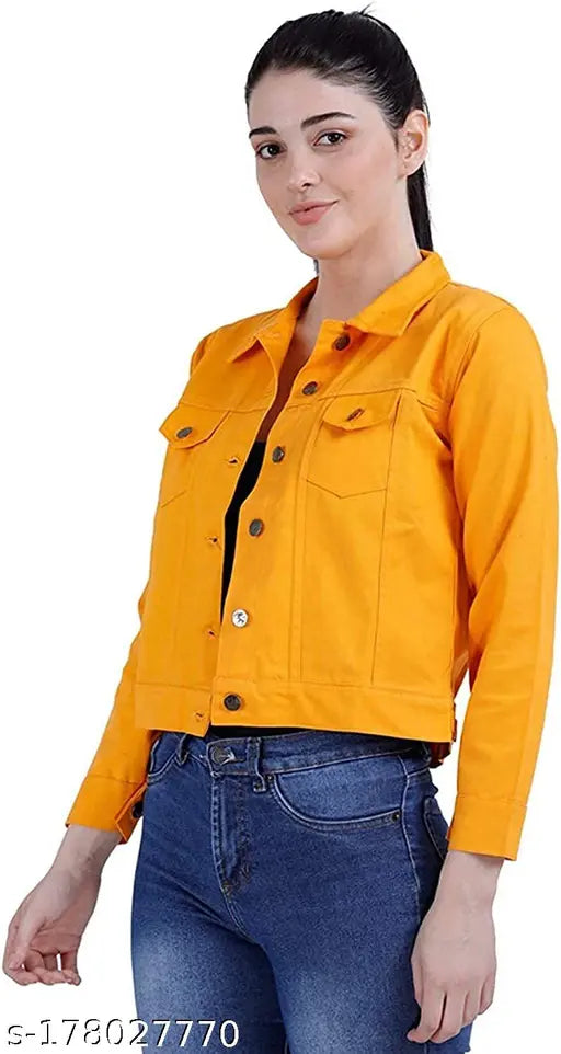 Orange denim twill women's regular jacket, solid design with long sleeves