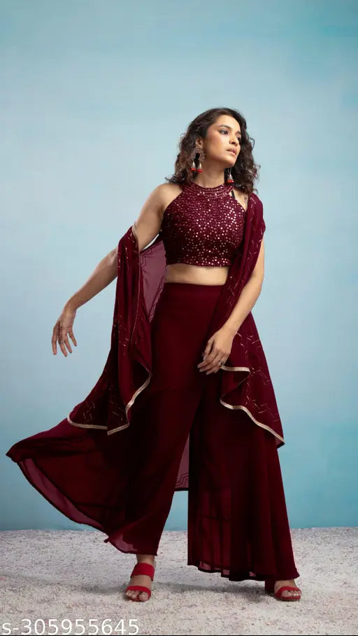 Georgette crop halter neck top with embroidered flared shrug and palazzo, Indian handcrafted partywear