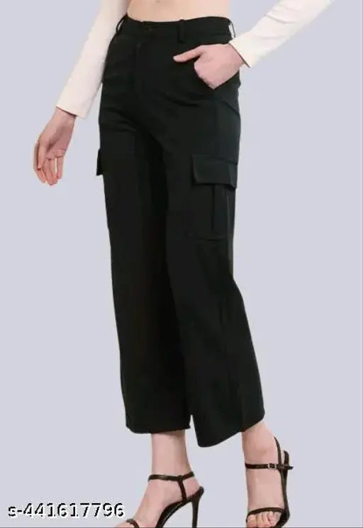 Black cotton blend cargo pants with four pockets, self-design net pattern. Size: S, M, L, XL (28in/36in, 30in/36in, 32in/36in, 34in/36in). Brand: Anas J Garmenst, Alera Garments. Casual and formal wear. Made in India