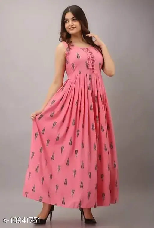 Pink rayon sleeveless Anarkali kurta, printed design, Demirner brand from India