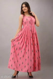 Pink rayon sleeveless Anarkali kurta, printed design, Demirner brand from India