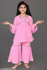 Cotton blend printed net girls' top and bottom set for 4-5, 5-6, and 6-7 years