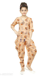 Girls Cotton Linen Orange A-line Top & Dhoti Pant Set - Indian traditional contemporary style, soft breathable fabric, embroidered lace design, versatile for festive occasions or family gatherings